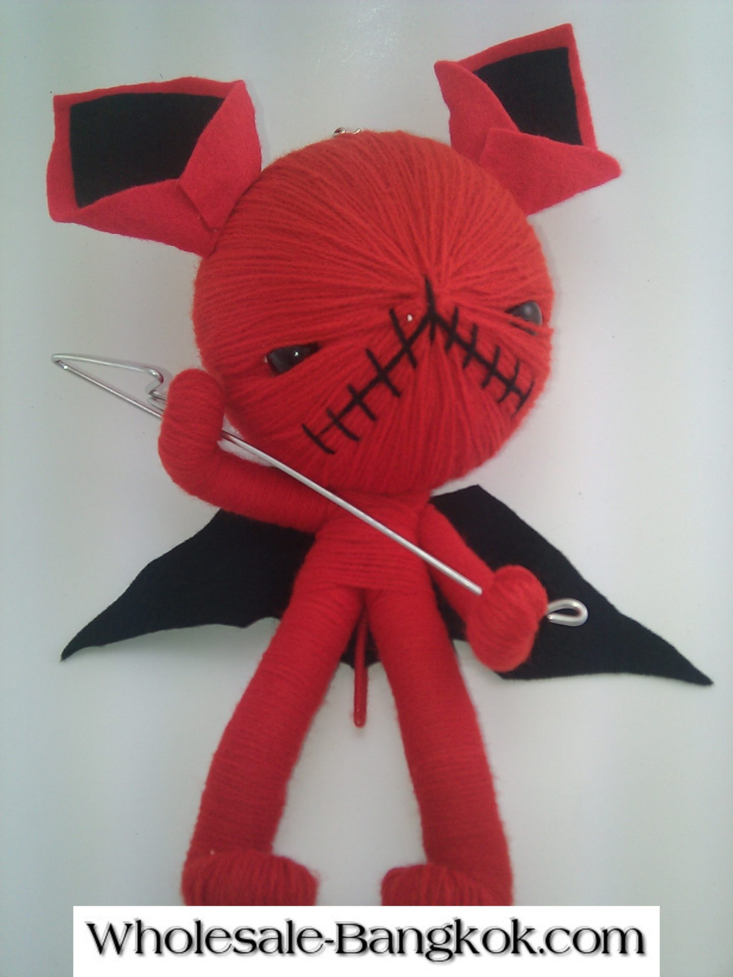VOODOO DOLL RED DEVIL WITH FORK AND BLACK EARS BLACK WINGS SMALL EYES