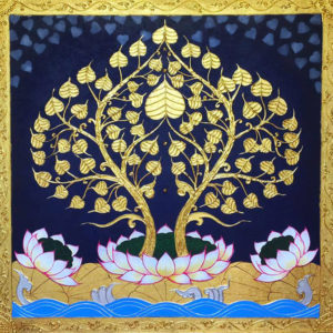 Bangkok Painting Asian Art Buddha Bodhi Golden Tree