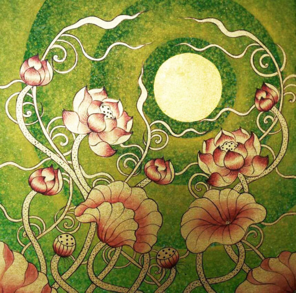 Bangkok Painting Lotus Flower Design Thai Golden Moon