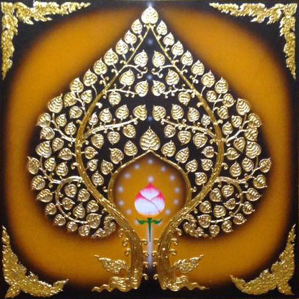 Bangkok Painting Oriental Art Painting Pink Lotus in Buddha Bodhi Tree