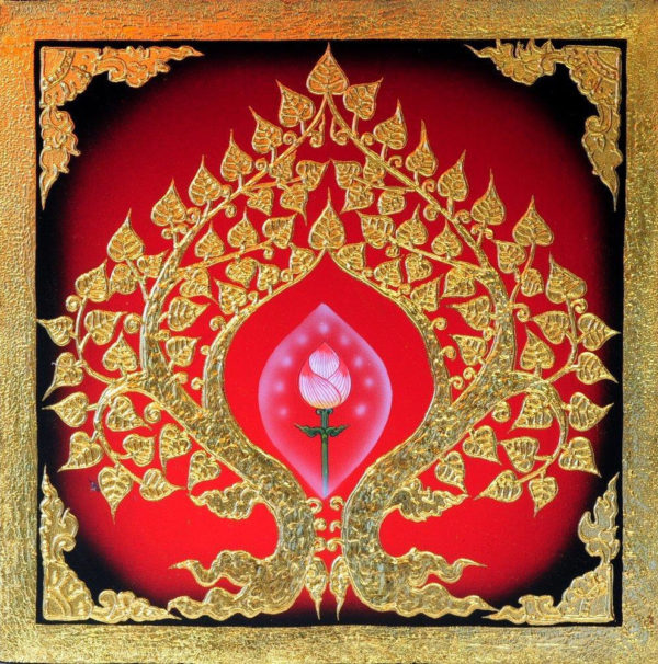Bangkok Painting Oriental Art Painting Pink Lotus in Buddha Bodhi Tree